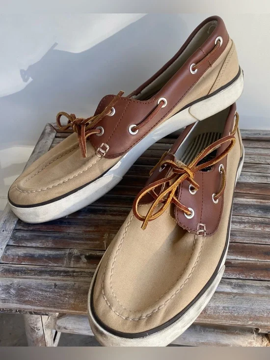 Mens POLO Ralph Lauren tan canvas leather Rylander boat shoes preppy casual 10