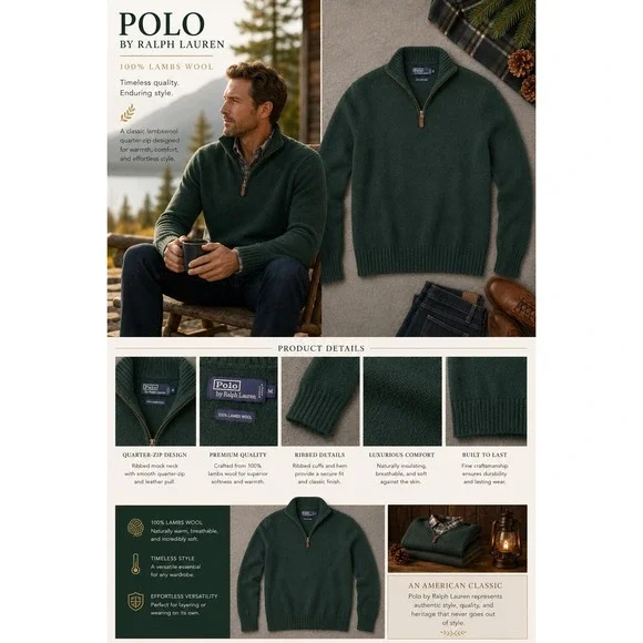 Polo Ralph Lauren Mens Green 100% Lambswool Quarter Zip Sweater Size M