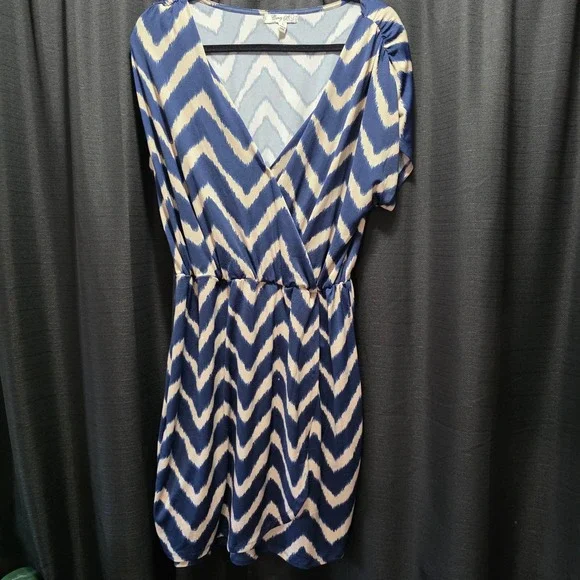Corey‎ P Womens Navy Blue Cream Chevron Ikat Faux Wrap V-Neck Dress Large