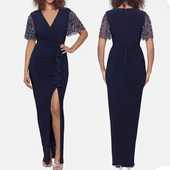 Betsy & Adam Navy Midi Dress with‎ Embellished Sleeves Sz. 4P