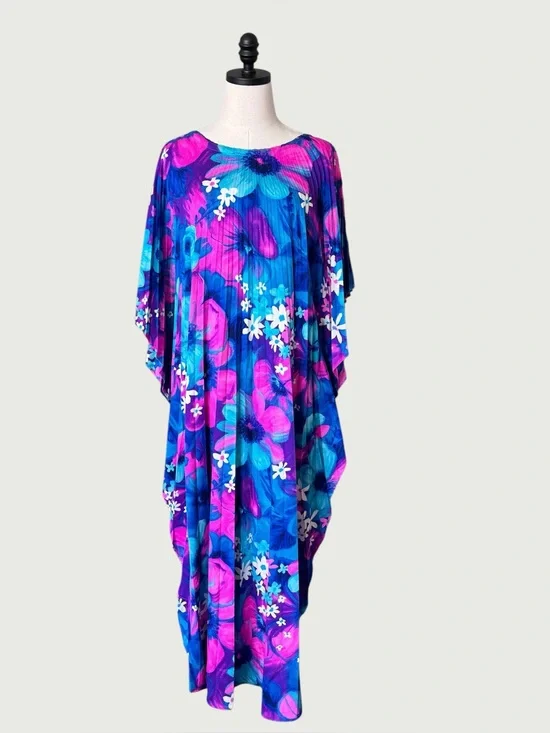 vintage 70s accordion pleat barkcloth Hawaiian print caftan OS