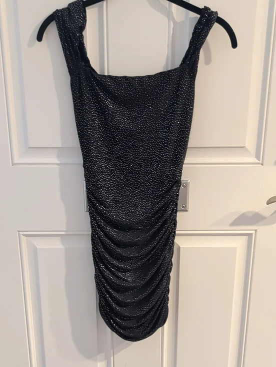 Lucy In the Sky Black Sparkle Ruched Mini Dress with Square Neck Size XS