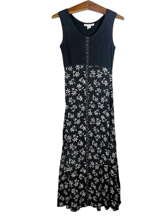 Vintage Maureen Benun Black White Floral Maxi Long Dress Size M USA Boho FLAW