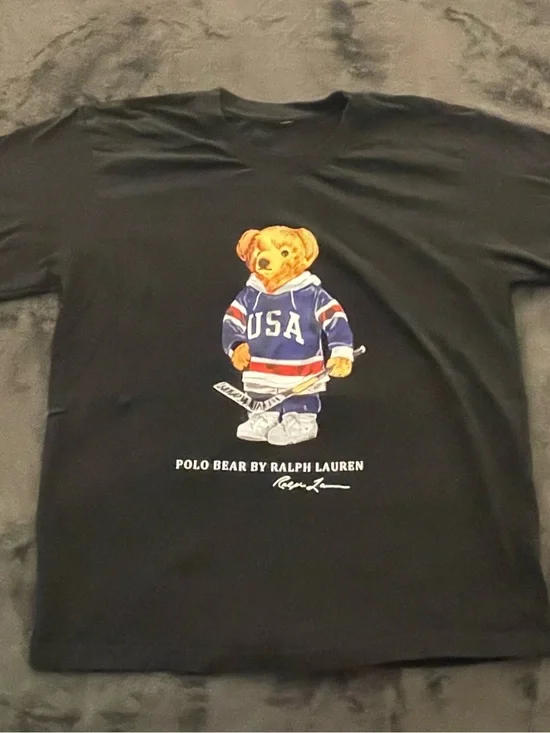 Polo Ralph Lauren Mens L Black Tee USA Hockey Polo Bear Graphic