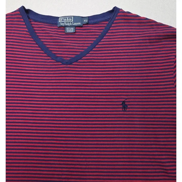 Polo Ralph Lauren Mens XL V-Neck Short Sleeve Shirt Blue Red Striped‎ Pony Logo