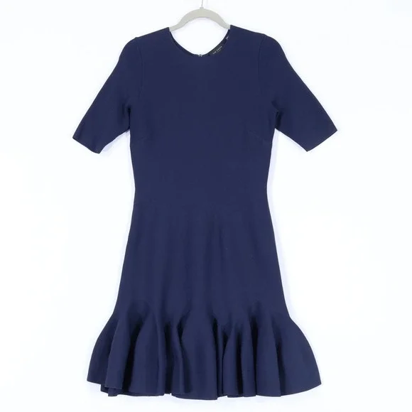 Ted Baker Alzann Fit and Flare Dress Womens 2 Dark Blue Fluted Hem Career Work