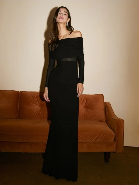 NWOT Commense Off-Shoulder Black Long-Sleeve Evening Gown
