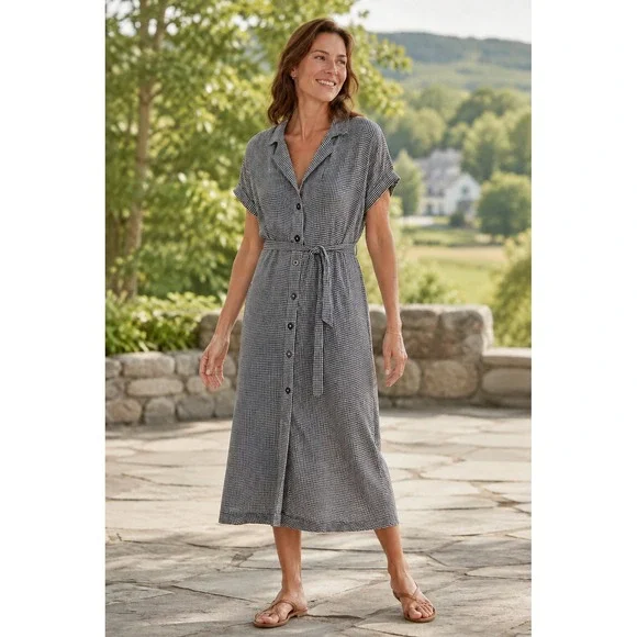 Quince 100% European Linen Button Front Dress Women Sz XL Black Gingham Midi