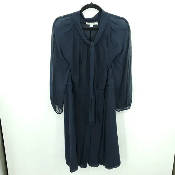 Boden 100% Silk Tie Neck Long Sleeve Midi Dress 12 US Navy Blue