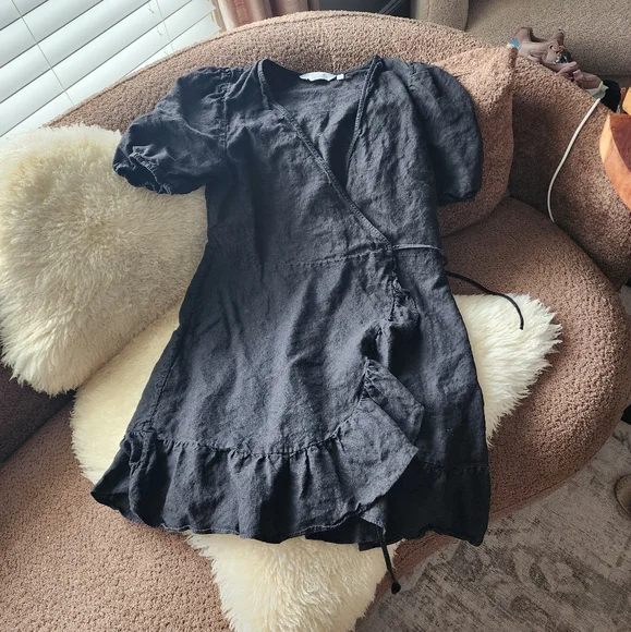 And Other Stories Black Linen Ruffled Mini Wrap Dress