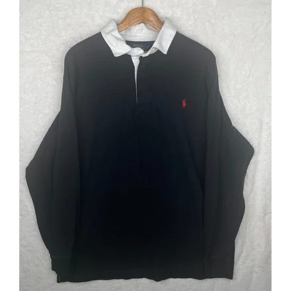 Polo Ralph Lauren Shirt Mens 2XB Black Long Sleeve Polo Red Pony Cotton