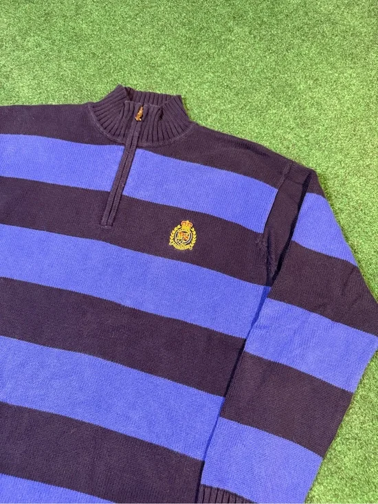 Polo by Ralph Lauren Blue and Black Striped Half-Zip Sweater