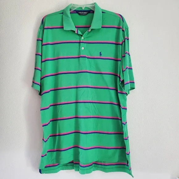 Polo Golf Ralph Lauren Polo Shirt Mens XL Green Pink Blue Striped Lakewood‎ Pima