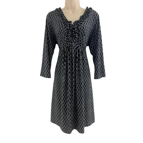 Soma Black & White Ruffled V-Neck Empire Waist Ultra-Soft Dress Size L‎ Fall