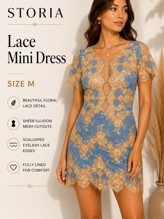 Storia Blue & Beige Floral Lace Illusion Mini Dress Size M