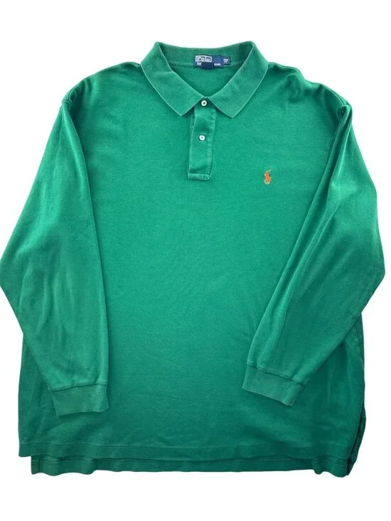 Polo Ralph Lauren Polo Shirt Men's 2XB Big Green Long Sleeve 100% Cotton Preppy