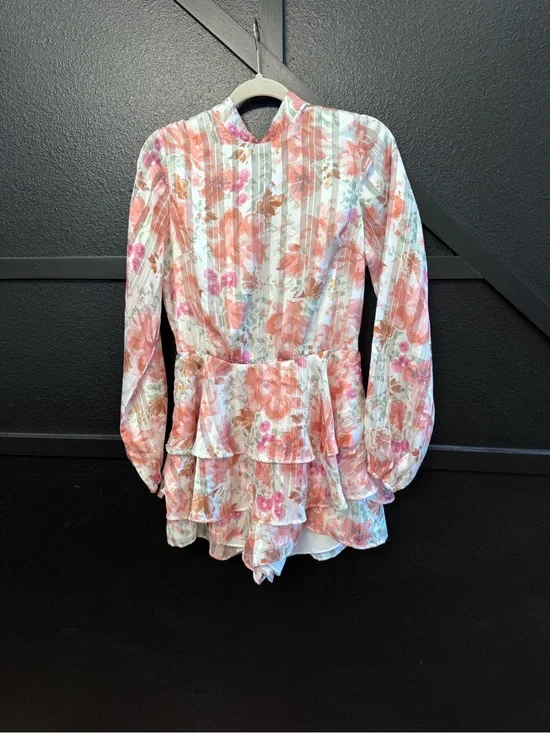 Vici Peach Floral Long-Sleeve Tiered Mini Dress