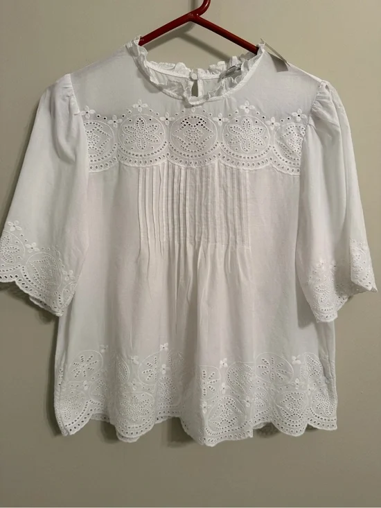 Madewell Women's Embroidered Pintuck High Neck Top White Cotton Size S