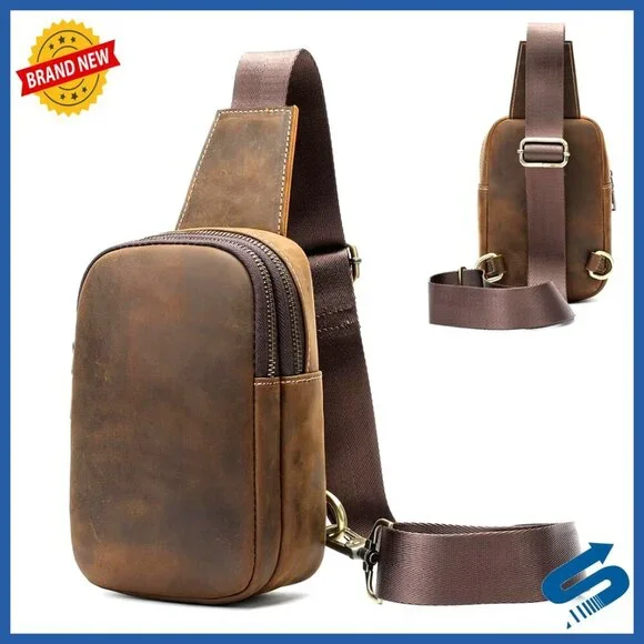 Vintage Leather Sling Bag for Men, Crossbody Messenger, Small Daypack