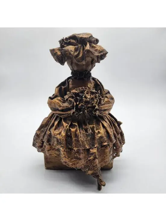 Vintage Paper Mache Victorian Girl Figurine Bronze Finish Folk Art Sculpture 13