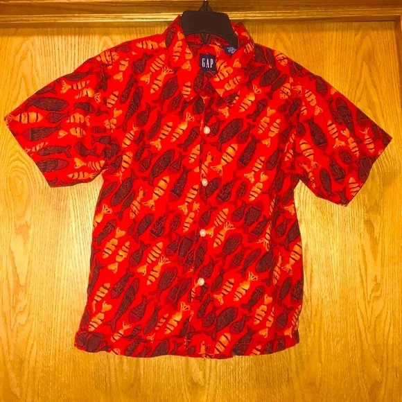 Rare VINTAGE size 4 Gap red fish print poplin button down Hawaiian shirt EUC