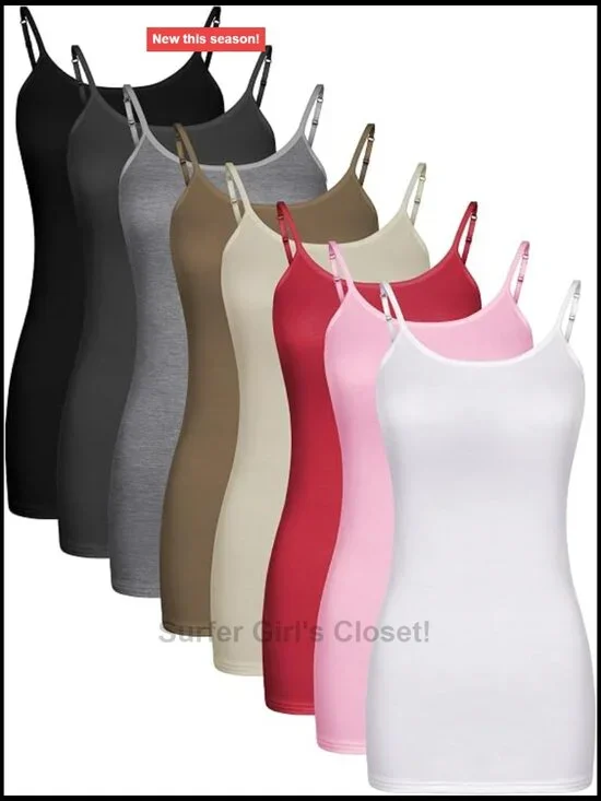 8 Pack Women's Long Tank Tops Adjustable Spaghetti Strap Camisoles V-Neck