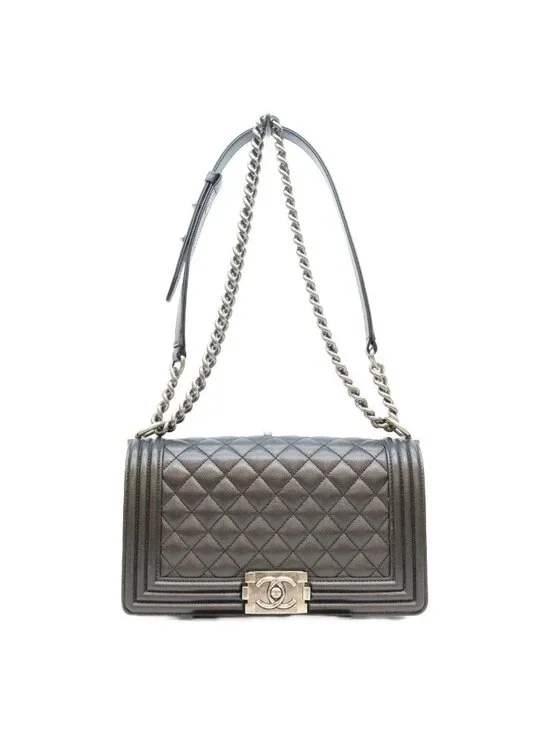 Chanel Black Caviar Silver Boy 25 Medium Chain Shoulder Bag
