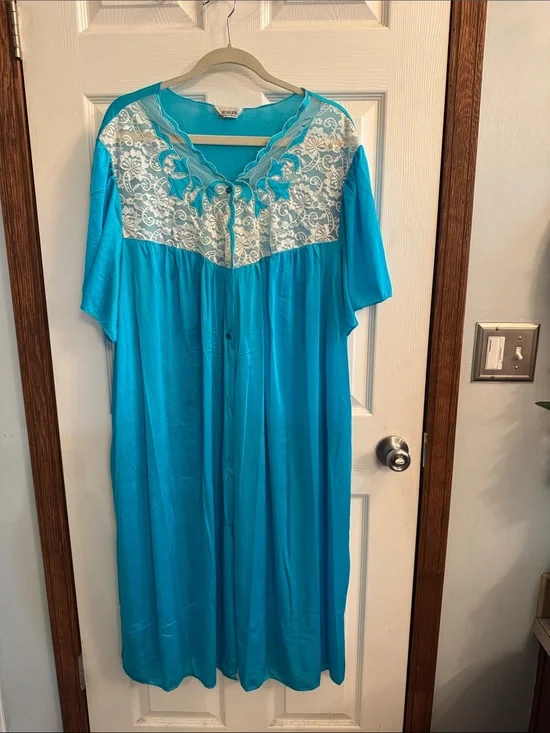 Vintage Turquoise Lace Yoke Maxi Nightgown Dress2x-3x‎