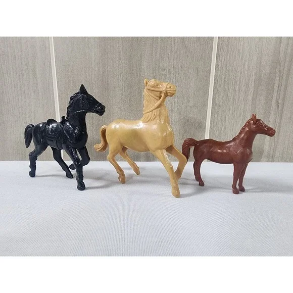 Vintage Tim-Mee Horse Figurine Set Processed Plastic 3pc Black Brown Tan
