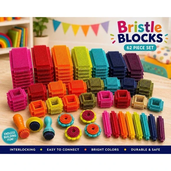 Bristle Blocks 62 Piece Building Toy Lot Colorful Assorted Shapes Wheels