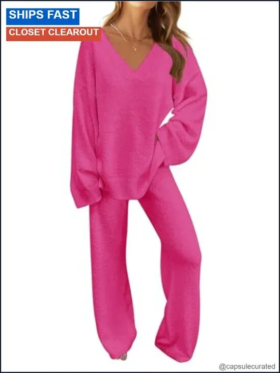 Women's Fuzzy Fleece 2 Piece Lounge Pajama Set with V-Neck Top and Wide Leg