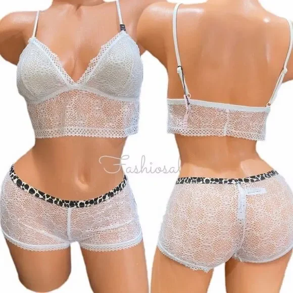 Victorias Secret crochet padded bralette matching Boyshorts Shortie panty set M