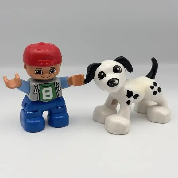 LEGO Duplo Boy Figure Green Jersey 8 Red Cap & Dalmatian Dog Spot