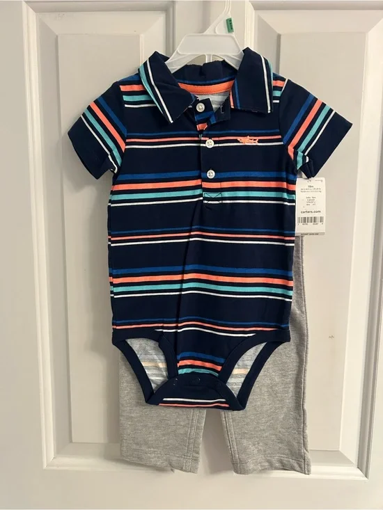 NWT-Boys Carter's Navy Striped Polo-Style One-Piece Bodysuit with Gray Pants