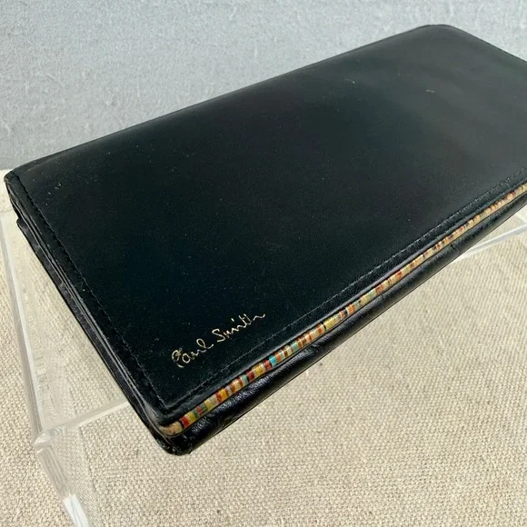 Paul Smith Black Leather Signature‎ Stripe Continental Wallet Long Zip Pouch