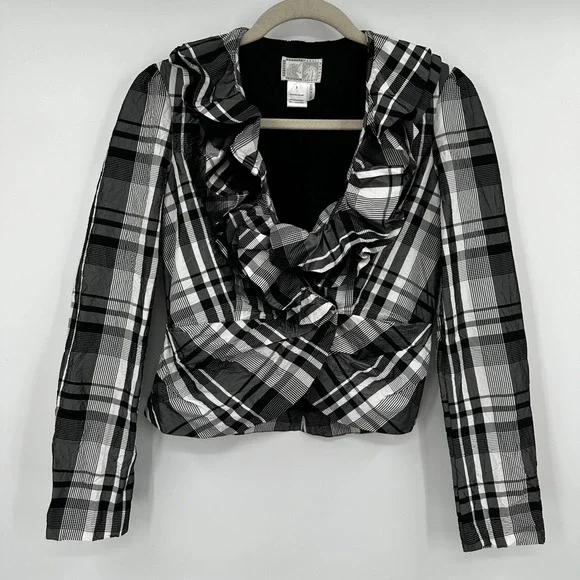 Alberto Makali Women's‎ Size 2 Black White Plaid Ruffle Blazer Jacket Snap Front