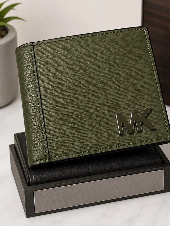 Michael Kors Olive Green Textured Leather Bifold Wallet MK Logo