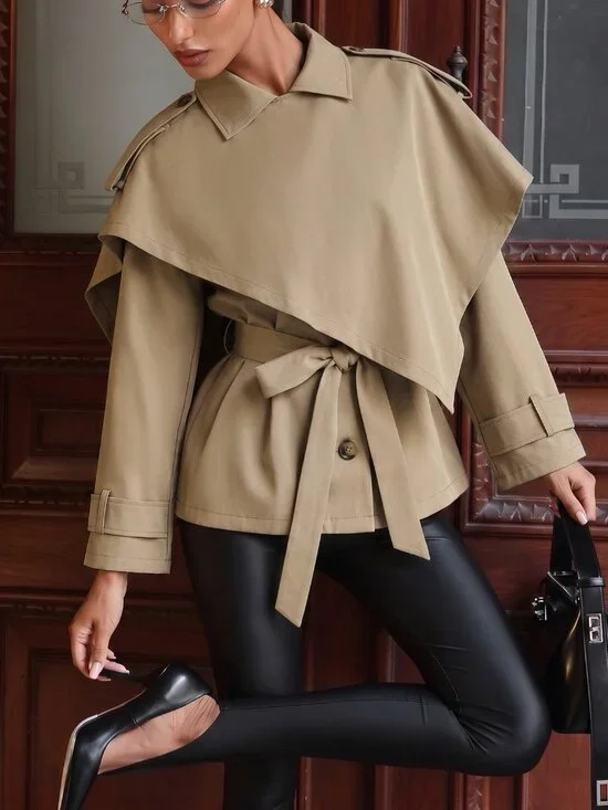 Khaki Elegant Women's Asymmetrical Batwing Long Trench Coat