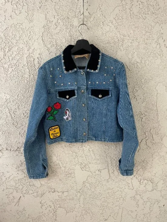 Vintage Saddle Ridge Boxy Denim Jacket Women's S Studded Patch Western Trucker