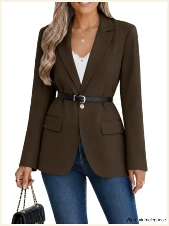 Oversized Blazer with Belt Lightweight Polyester Business Casual Notch Lapel