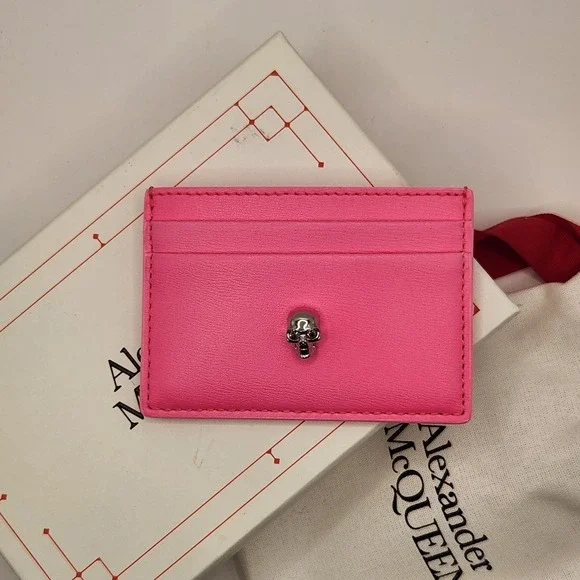 Alexander McQueen Bright Pink Leather Skull Card Holder Case Wallet Box Dust Bag