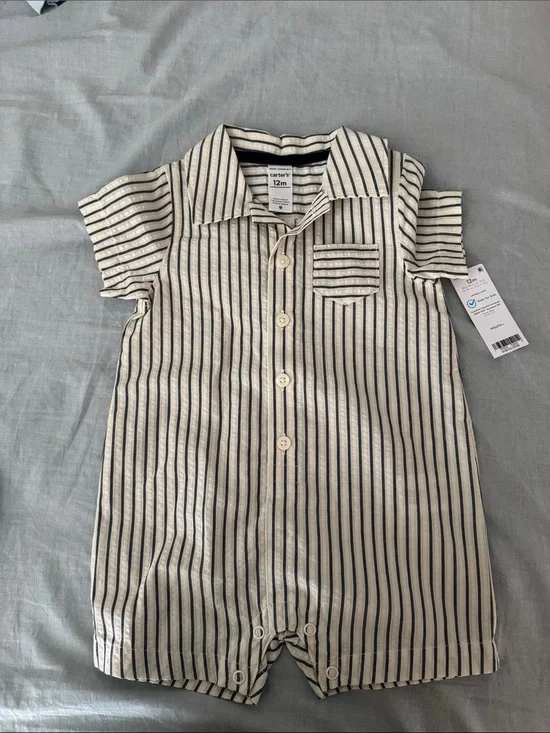 Carter's Cream and Black Striped Button Romper