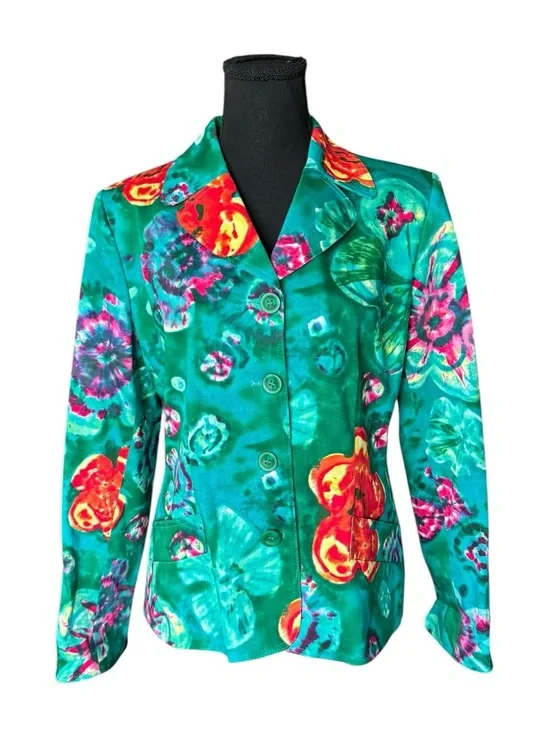 Harvé Benard Floral Blazer Jacket Size 10 Artsy Botanical Cotton Stretch Career