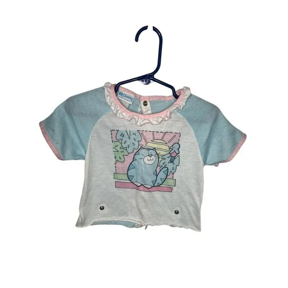 Vintage Baby Carter's T shirt Cat Bird Scene 90's Blue Pink White Frill‎ Collar