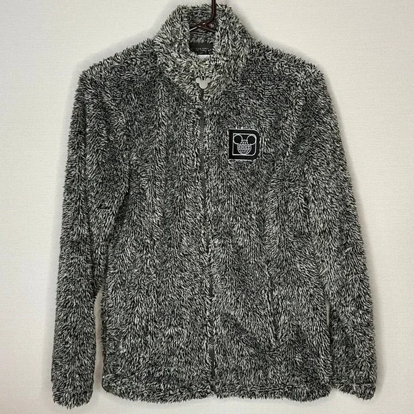 Disney Mickey Mouse Full Zip Fuzzy Fleece Jacket Black White Marled XS Fall