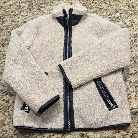HM Women Beige Pile Fleece Teddy Jacket Faux Leather Trim Zip Up Coat Medium ws