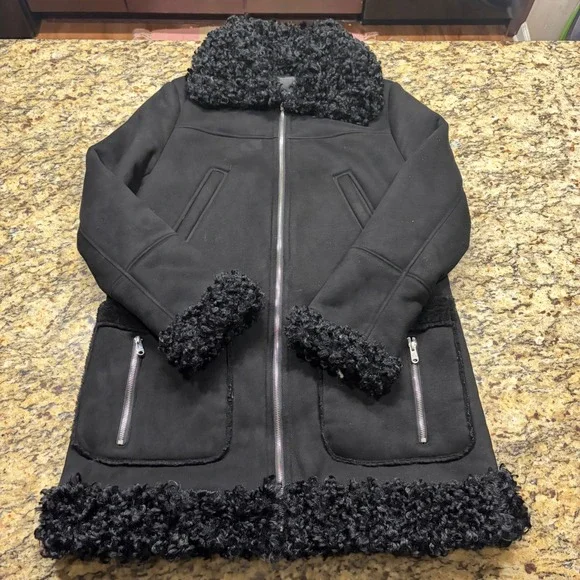 Sam Edelman Womens Black Faux Shearling Suede Zip Up Coat Jacket Small ws