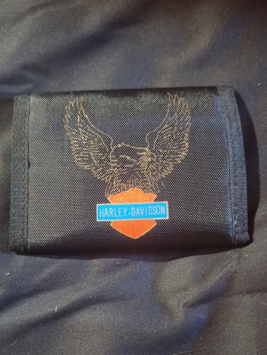 Harley-Davidson Black Trifold Velcro Wallet with Orange Shield and Blue Logo