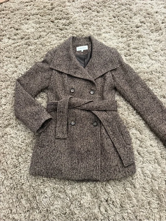 Calvin Klein Brown Tweed Double-Breasted Belted Peacoat