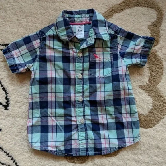 Carter's Plaid Button-Up, Short-Sleeve Collared Shirt 9M